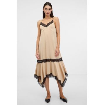 Rochie midi asimetrica cu garnitura dedantela - Negru/Bej
