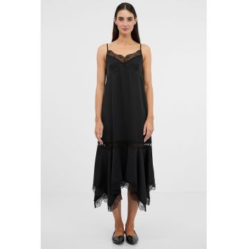 Rochie midi asimetrica cu garnitura dedantela - Negru