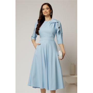 Rochie midi bleu clos cu funda ampla pe umar si cordon detasabil