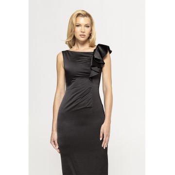 Rochie midi cambrata cu detaliu cu volan - Negru