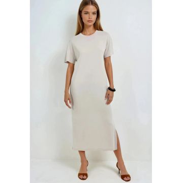 Rochie midi  croiala lejera cu slit - bej - jerseu - modal/poliester