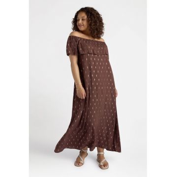 Rochie midi cu decolteu pe umeri - Maro inchis/Galben