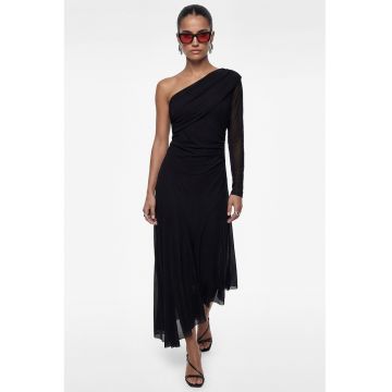 Rochie midi cu decolteu pe umeri si terminatie asimetrica - Negru