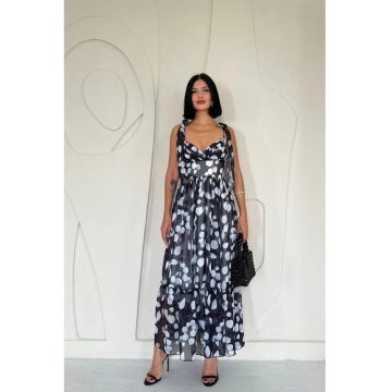 Rochie midi  cu drapaj floral - neagra - bumbac - poliester - elastan