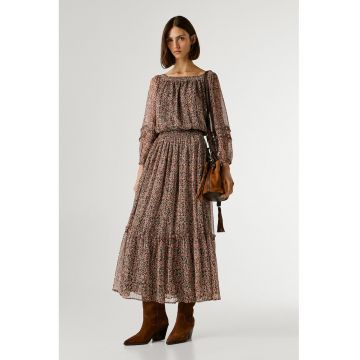 Rochie midi cu maneci lungi si model - Verde/Maro