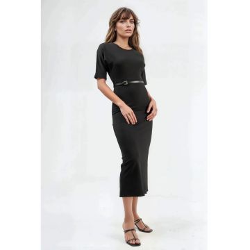 Rochie Midi -  cu Maneci Scurte - Cordon - Negru - Viscoza-Poliester-Elastan