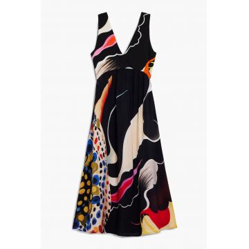 Rochie midi cu model abstract si decolteu in V - Negru/Multicolor