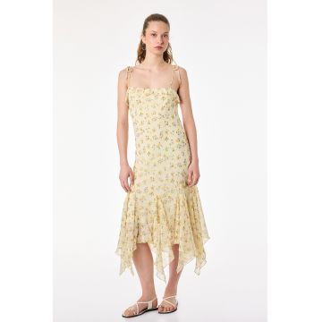 Rochie midi cu model floral si volane - Alb/Verde/Lila