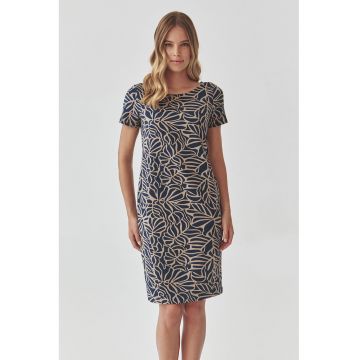 Rochie midi cu model grafic - Albastru inchis/Maro camel