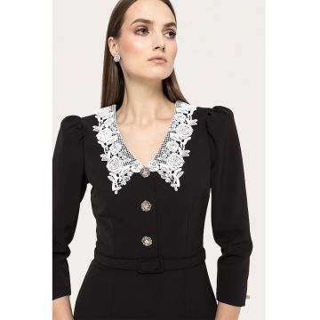 Rochie midi cu slit pe partea din spate si guler cu broderie - Negru