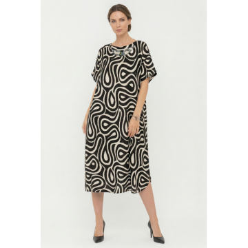 Rochie midi dama moderna vaporoasa, croi lejer oversized cu imprimeu abstract alb-negru