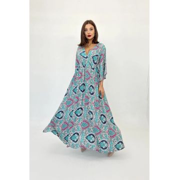 Rochie midi  decolteu in V - multicolor - bumbac/poliester/elastan