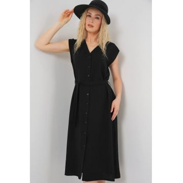 Rochie midi  decolteu in V - negru - poliester-elastan