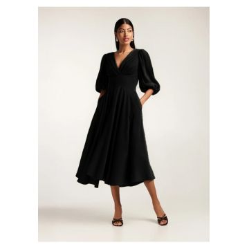 Rochie midi din amestesc de in cu drapaje si maneci bufante Swan - Negru