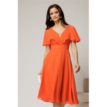 Rochie midi din voal oranj cu maneci evazate si decolteu adanc