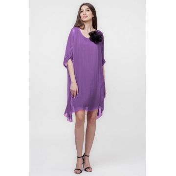 Rochie midi, dreapta, din matase si vascoza, cu funda pe spate, mov