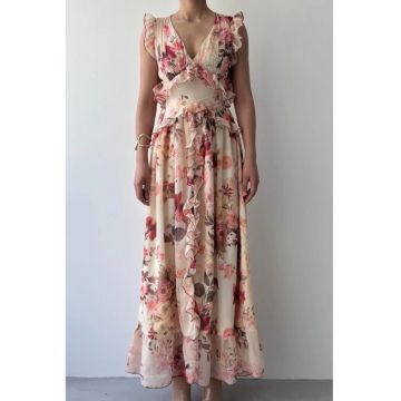 Rochie Midi Florala cu Volane  Multicolor - Bumbac - Poliester - Elastan