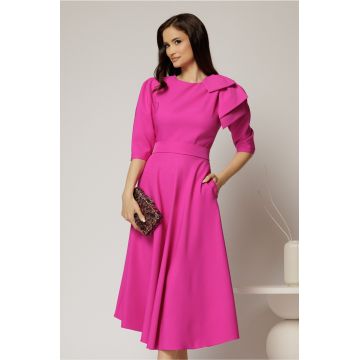 Rochie midi fucsia clos cu funda ampla pe umar si cordon detasabil