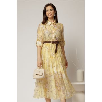 Rochie midi galbena cu imprimeuri din tencel