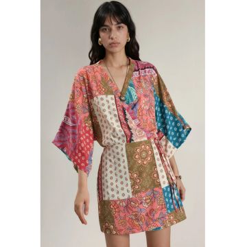 Rochie Midi -  Imprimeu Etnic - Maneci Trei Sferturi - Multicolor - Poliester