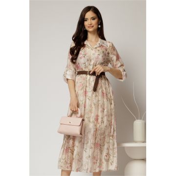 Rochie midi ivoar cu imprimeuri din tencel