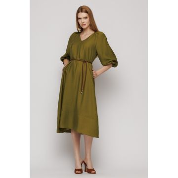 Rochie midi lejera cu decolteu in V si cordon
