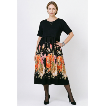 Rochie midi neagra cu imprimeu floral, croi lejer, eleganta cu volum, doua materiale matase, vascoza si bumbac