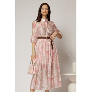 Rochie midi roz cu imprimeuri din tencel