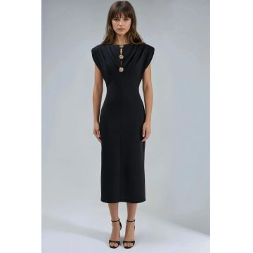 Rochie Midi  Slim Fit - Detaliu Accesoriu - Negru - Jerseu - Negru
