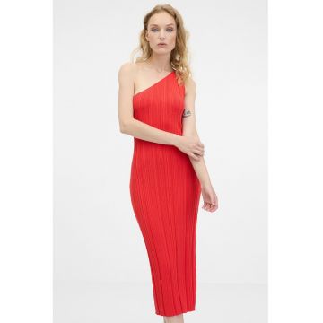Rochie midi texturata cu decolteu pe un umar - Rosu vermillion