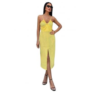 Rochie midi -  texturata - decolteu in V - galben - bumbac/poliester/elastan
