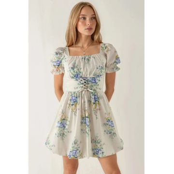 Rochie mini A-line  floral cu detaliu corset - alb - poliester-lycra