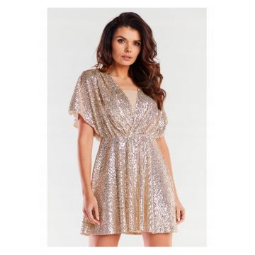 Rochie mini cu paiete - decolteu in V si maneci scurte - - Bej