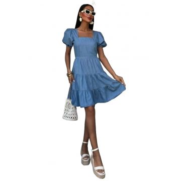 Rochie Mini -  Denim - Albastru Pudra - Bumbac/Poliester/Elastan -