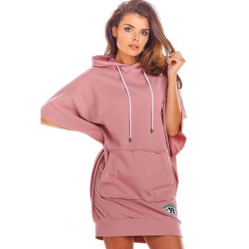Rochie mini din bumbac cu gluga si maneci tip chimono - - Roz