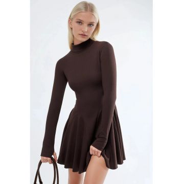 Rochie  Mini - guler inalt - maro - bumbac-elastan