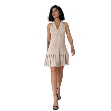 Rochie mini -  guler tip jacheta - inchidere cu nasturi - bej natural - bumbac/poliester/elastan