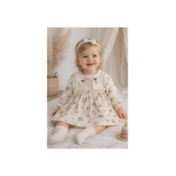 Rochie muselina fetita bej cu flori maro dantela stil vintage boho elegant