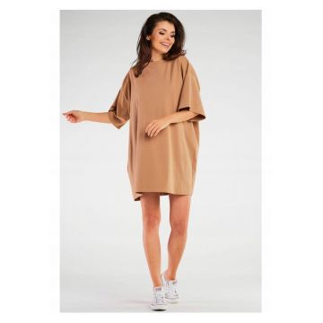 Rochie oversize cu maneca scurta din bumbac - - Bej