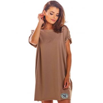 Rochie oversize din bumbac cu maneca scurta - - Bej