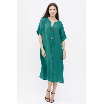 Rochie oversize din in, cu nasturi pe piept, turcoaz inchis