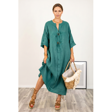 Rochie oversize din in, cu nasturi pe piept, turcoaz inchis