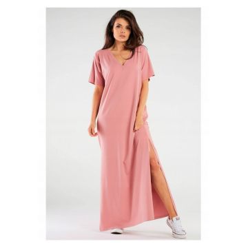 Rochie oversize tip chimono maxi din tricot de bumbac - - Roz
