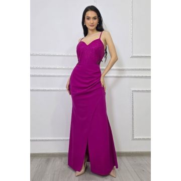 Rochie petrecuta, de seara Serelya, cu dantela si cristale artizanale, Magenta