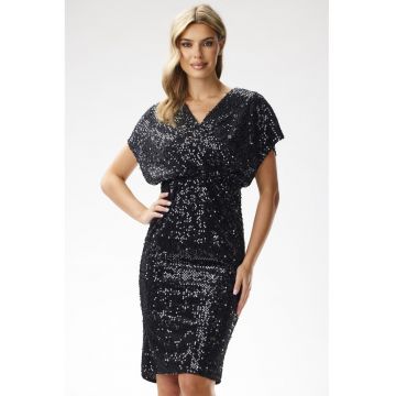 Rochie petrecuta midi cu paiete pe bretele - - Negru