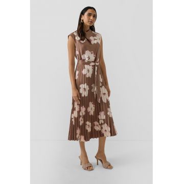 Rochie plisata cu model floral - Maro - Alb murdar -
