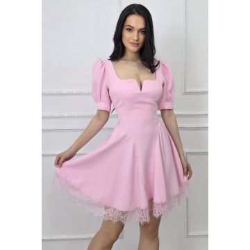 Rochie scurta babydoll Amandine, cu spatele gol si cordon, Roz
