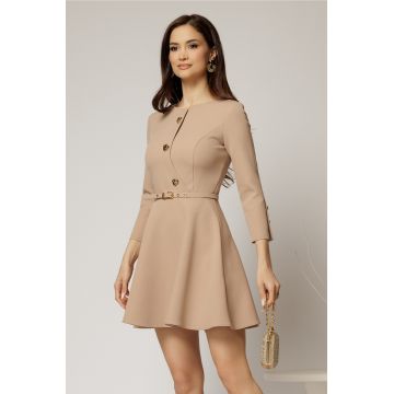 Rochie scurta bej din stofa in clos cu nasturi pe bust si curea in talie