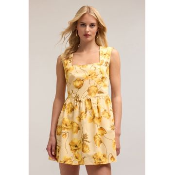 Rochie scurta cu decolteu patrat - Galben sofran/Galben inchis