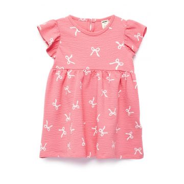 Rochie scurta din amestec de bumbac cu funda - Roz somon